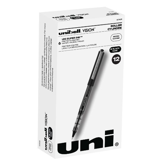 Picture of uni-ball Vision Rollerball Pens, Micro Point, 0.5 mm, Black Barrel, Black Ink, Pack Of 12