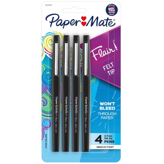 Picture of Paper Mate Flair Porous-Point Pens, Medium Point, 0.7 mm, Black Barrel, Black Ink, Pack Of 4