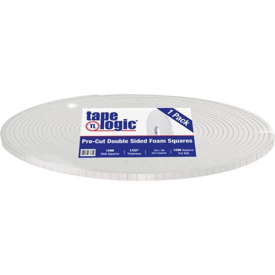 Picture of Tape Logic Double-Sided Foam Squares, 31.25 mils, 3in Core, 0.5in x 0.5in, White, Roll Of 1,296