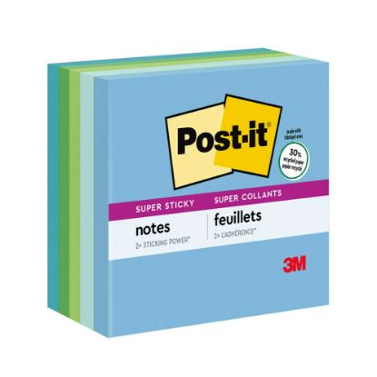 Picture of Post-it Recycled Super Sticky Notes, 3 in x 3 in, 5 Pads, 90 Sheets/Pad, 2x the Sticking Power, Oasis Collection, 30% Recycled