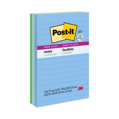 Picture of Post-it Super Sticky Notes, 4 in x 6 in, 30% Recycled, Oasis Collection, Lined, Pack Of 3 Pads