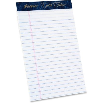 Picture of TOPS Ampad Gold Fibre Medium Rule Premium Junior Size Writing Pads - 50 Sheets - Watermark - Stapled/Glued - 16 lb Basis Weight - 5in x 8in - White Paper - Dark Blue Binding - Micro Perforated, Bleed-free, Chipboard Backing - 1 Dozen