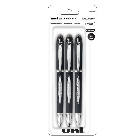 Picture of uni-ball JetStream Ballpoint Pens, Bold Point, 1.0 mm, Black Barrel, Black Ink, Pack Of 3