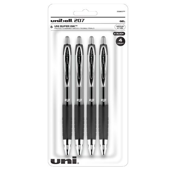 Picture of uni-ball Signo Gel 207 Retractable Gel Pens, Medium Point, 0.7 mm, Clear Barrel, Black Ink, Pack Of 4 Pens