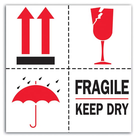 Picture of Tape Logic Preprinted International Safe-Handling Labels, DL4420, "Fragile, Keep Dry", 4in x 4in, Red/Black/White, Roll Of 500