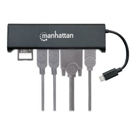 Picture of Manhattan SuperSpeed USB-C to HDMI/VGA 4-in-1 Docking Converter - USB 3.1 C Male to HDMI or VGA Converter - Two-Port USB 3.0 Hub and SD Card Reader - Aluminum - Black - UHD 4K@30Hz Video and Audio with HDMI Connection or HD 1080p Video