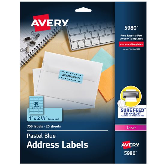 Picture of Avery High-Visibility Permanent Laser ID Labels, 5980, 1in x 2 5/8in, Blue Pastel, Pack Of 750