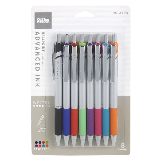 Picture of Office Depot Brand Advanced Ink Retractable Ballpoint Pens, Needle Point, 0.7 mm, Assorted Barrels, Assorted Ink Colors, Pack Of 8