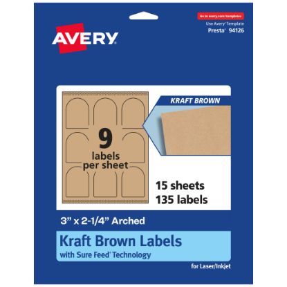 Picture of Avery Kraft Permanent Labels With Sure Feed, 94126-KMP15, Arched, 3in x 2-1/4in, Brown, Pack Of 135