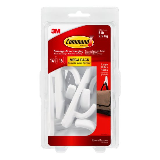 Picture of Command Large Utility Hooks, 14 Command Hooks, 16 Command Strips, Damage Free Hanging of Dorm Room Decorations, White