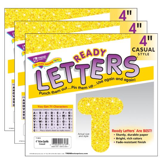 Picture of TREND Ready Letters, 4in, Casual Uppercase, Yellow Sparkle, Set Of 3 Packs