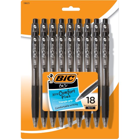 Picture of BIC BU3 Grip Retractable Ballpoint Pens, Medium Point, 1.0 mm, Clear Barrel, Black Ink, Pack Of 18 Pens