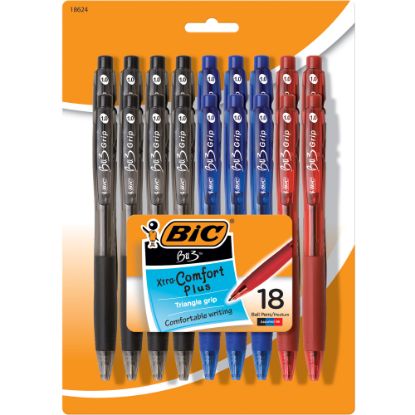 Picture of BIC BU3 Grip Retractable Ball Pens, Medium Point, 1.0 mm, Clear Barrel, Assorted Ink Colors, Pack Of 18 Pens