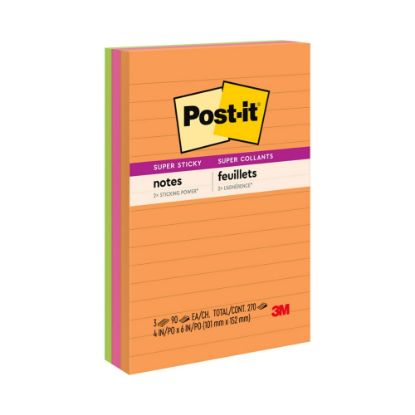 Picture of Post-it Super Sticky Notes, 4 in x 6 in, 3 Pads, 90 Sheets/Pad, 2x the Sticking Power, Energy Boost Collection, Lined