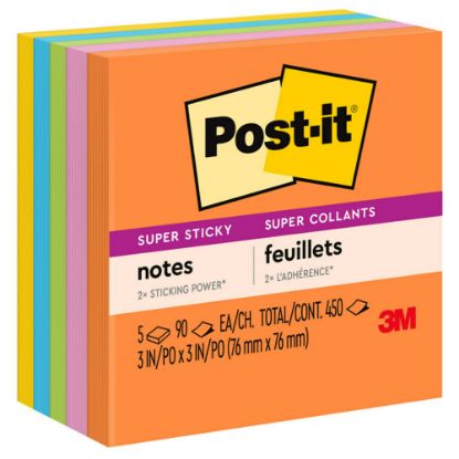 Picture of Post-it Super Sticky Notes, 3 in x 3 in, 5 Pads, 90 Sheets/Pad, 2x the Sticking Power, Energy Boost Collection