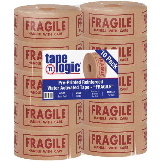 Picture of Tape Logic Preprinted Reinforced Water-Activated Tape, Fragile, 3in Core, 3in x 150 Yd., Kraft, Case Of 10