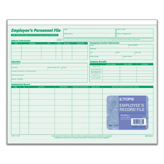 Picture of TOPS Employee Record File Folders, 11 3/4in x 9 1/2in, Green, Pack Of 20