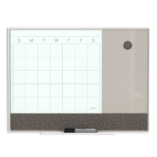 Picture of U Brands 3N1 Magnetic Glass Dry-Erase Monthly Calendar Board, 24in X 18in, White/Gray Surface,White Aluminum Frame, Actual Size 23in X 17in (3196U00-01)