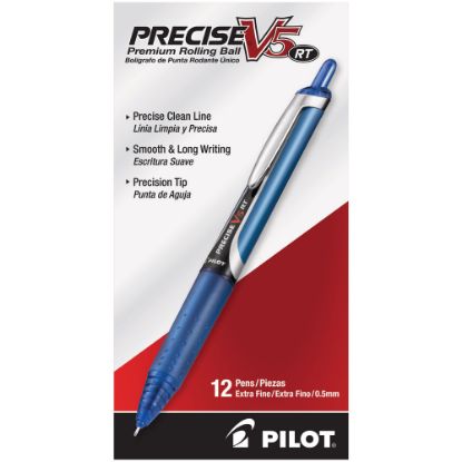 Picture of Pilot Precise V5 Liquid Ink Retractable Rollerball Pens, Extra Fine Point, 0.5 mm, Blue Barrels, Blue Ink, Pack Of 12