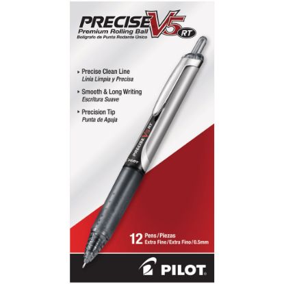 Picture of Pilot Precise V5 Liquid Ink Retractable Rollerball Pens, Extra Fine Point, 0.5 mm, Black Barrels, Black Ink, Pack Of 12