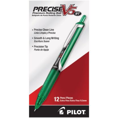 Picture of Pilot Precise V5 Liquid Ink Retractable Rollerball Pens, Extra Fine Point, 0.5 mm, Assorted Barrels, Green Ink, Pack Of 12