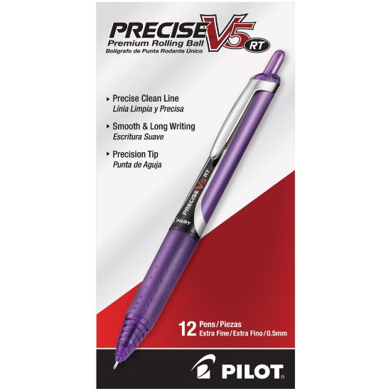 Picture of Pilot Precise V5 Liquid Ink Retractable Rollerball Pens, Extra Fine Point, 0.5 mm, Assorted Barrels, Purple Ink, Pack Of 12