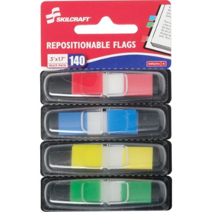 Picture of SKILCRAFT Self-Adhesive Repositionable Color Flags, 1/2in x 1 3/4in, 35 Flags Per Dispenser, 4 Dispensers Per Pack, Pack Of 4, Assorted Colors (AbilityOne 7510-01-620-0283)