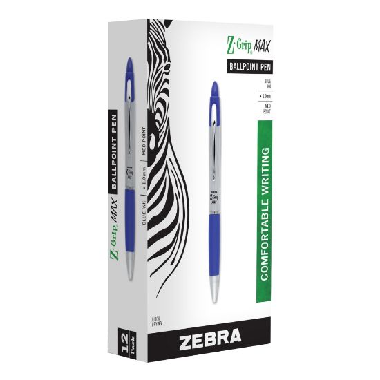 Picture of Zebra Pen Z-Grip Max Retractable Ballpoint Pens, Pack Of 12, Medium Point, 1.0 mm, Gray/Blue Barrel, Blue Ink