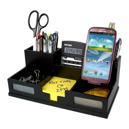 Picture of Victor Midnight Black Collection Desk Organizer With Smartphone Holder, 5 1/2inH x 10 1/2inW x 3 1/2inD, Black