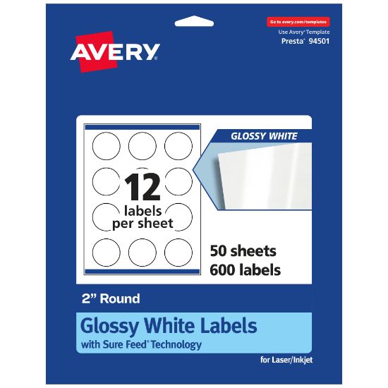 Picture of Avery Glossy Permanent Labels With Sure Feed, 94501-WGP50, Round, 2in Diameter, White, Pack Of 600