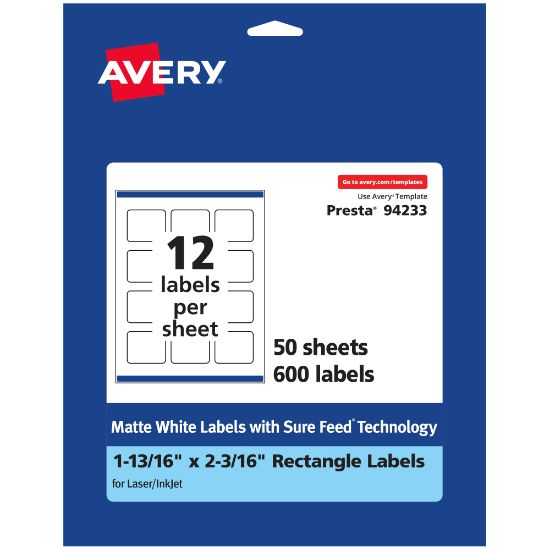 Picture of Avery Permanent Labels With Sure Feed, 94233-WMP50, Rectangle, 1-13/16in x 2-3/16in, White, Pack Of 600