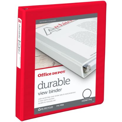 Picture of Office Depot Brand 3-Ring Durable View Binder, 1in Round Rings, Red