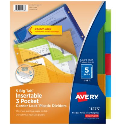 Picture of Avery Dividers for 3 Ring Binders, 5-Tab Binder Dividers, Three-Pocket Plastic Binder Dividers with Corner Lock, Insertable Big Tab, Multicolor, 1 Set (11273)