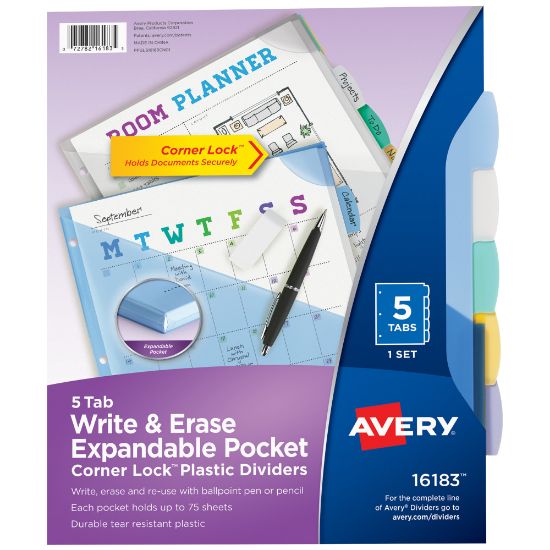 Picture of Avery Corner Lock Write & Erase Plastic Dividers With Expandable Pockets, 9-1/4in x 11-1/4in, Multicolor, Set Of 5 Tabs