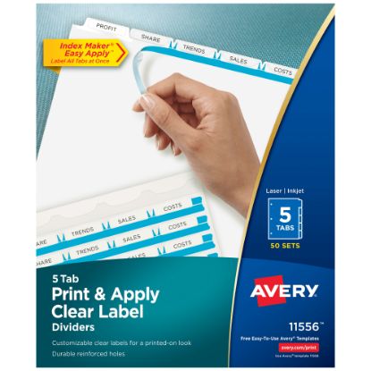 Picture of Avery Customizable Index Maker Dividers for 3 Ring Binder, Easy Print & Apply Clear Label Strip, 5 Tab, White, Box Of 50 Sets