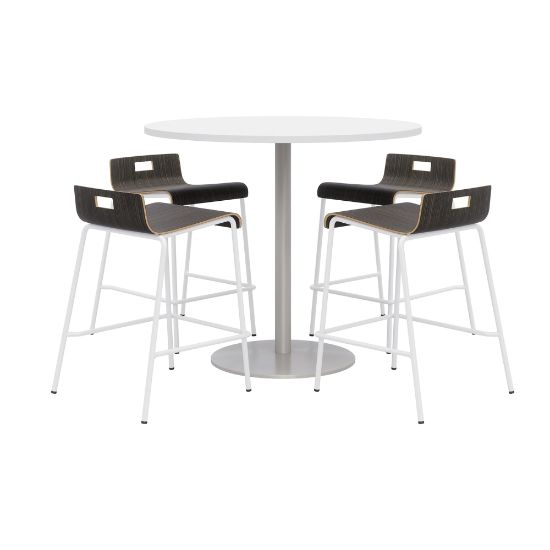 Picture of KFI Studios Proof Round High Bistro Table With 4 Low Back Stools, White/Silver Table, Espresso/White Chairs