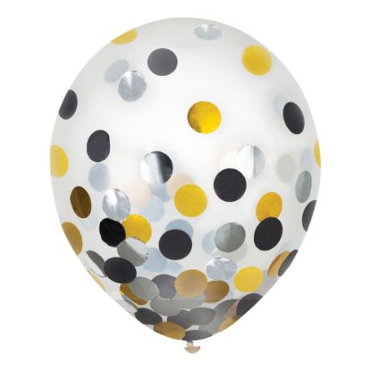 Picture of Amscan 12in Confetti Balloons, Black/Gold/Silver, 6 Balloons Per Pack, Set Of 4 Packs