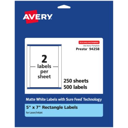 Picture of Avery Permanent Labels With Sure Feed, 94258-WMP250, Rectangle, 5in x 7in, White, Pack Of 500