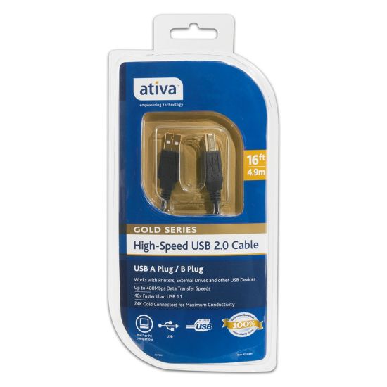 Picture of Ativa Gold Series USB A/B Device Cable, 16ft, Black