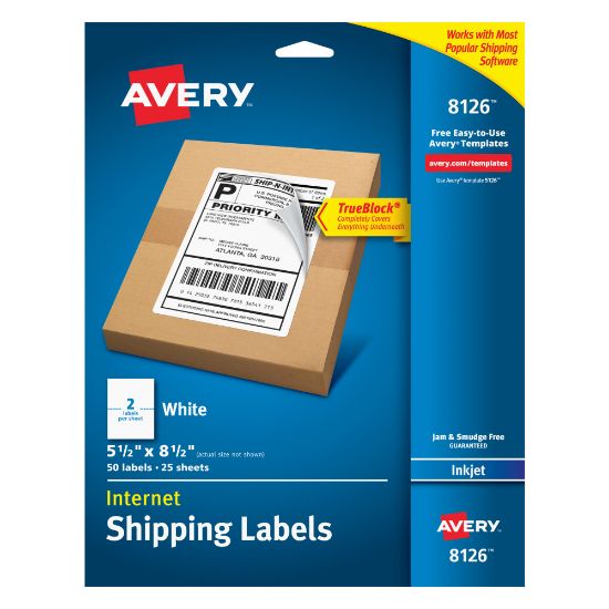 Picture of Avery TrueBlock Permanent Inkjet Shipping Labels, Internet, 8126, 5 1/2in x 8 1/2in, White, Pack Of 50