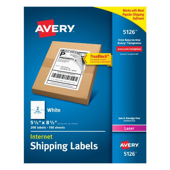 Picture of Avery TrueBlock White Laser Shipping Labels, Internet, 5126, 5 1/2in x 8 1/2in, Pack Of 200