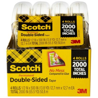 Picture of Scotch Double Sided Tape with Dispenser, Photo Safe, 1/2 in. x 400 in., 4 Tape Rolls, Clear, Home Office, Back to School Supplies and College Essentials for Students and Teachers