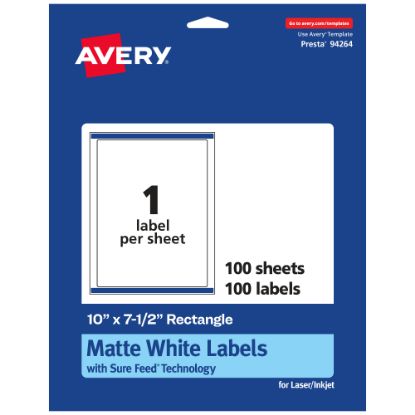 Picture of Avery Permanent Labels With Sure Feed, 94264-WMP100, Rectangle, 10in x 7-1/2in, White, Pack Of 100