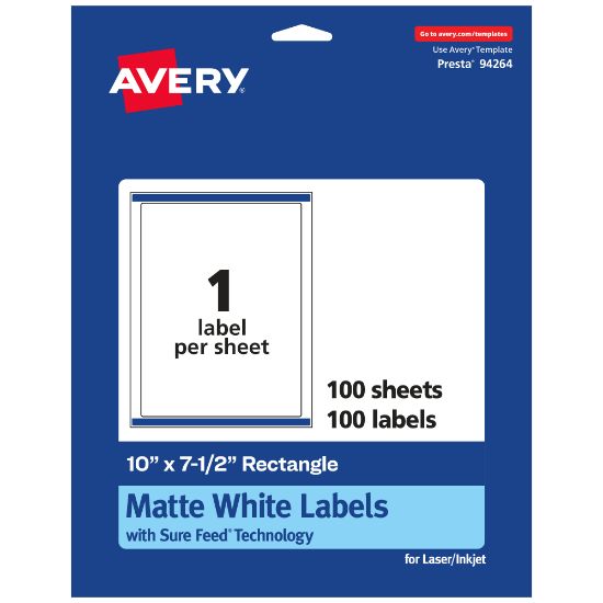 Picture of Avery Permanent Labels With Sure Feed, 94264-WMP100, Rectangle, 10in x 7-1/2in, White, Pack Of 100