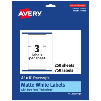 Picture of Avery Permanent Labels With Sure Feed, 94213-WMP250, Rectangle, 3in x 5in, White, Pack Of 750