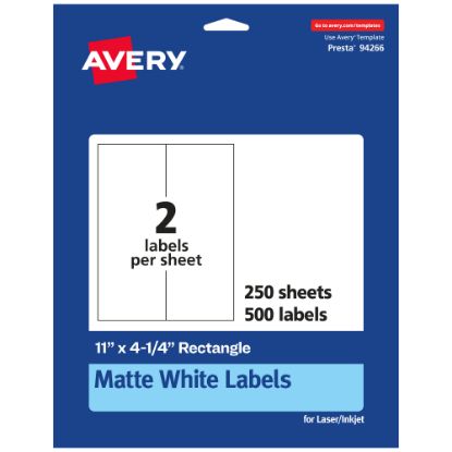 Picture of Avery Permanent Labels, 94266-WMP250, Rectangle, 11in x 4-1/4in, White, Pack Of 500