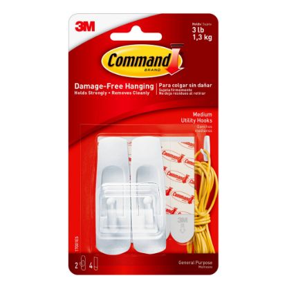 Picture of Command Medium Utility Hooks, 2 Command Hooks, 4 Command Strips, Damage Free Organizing of Dorm Rooms, White