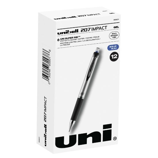 Picture of uni-ball 207 Impact Gel Pens, Bold Point, 1.0 mm, Blue; Gray Barrel, Blue Ink, Pack Of 12