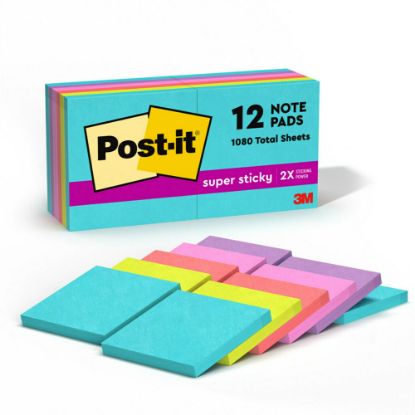 Picture of Post-it Super Sticky Notes, 3 in x 3 in, 12 Pads, 90 Sheets/Pad, 2x the Sticking Power, Supernova Neons Collection