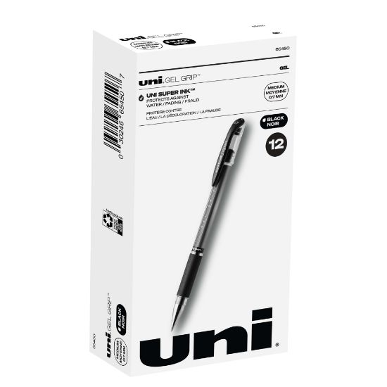 Picture of uni-ball Gel Grip Pens, Medium Point, 0.7 mm, Clear Barrel, Black Ink, Pack Of 12